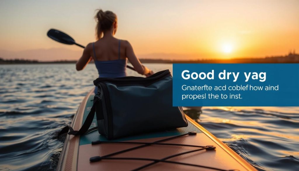 Person enjoying paddle boarding with properly secured dry bag