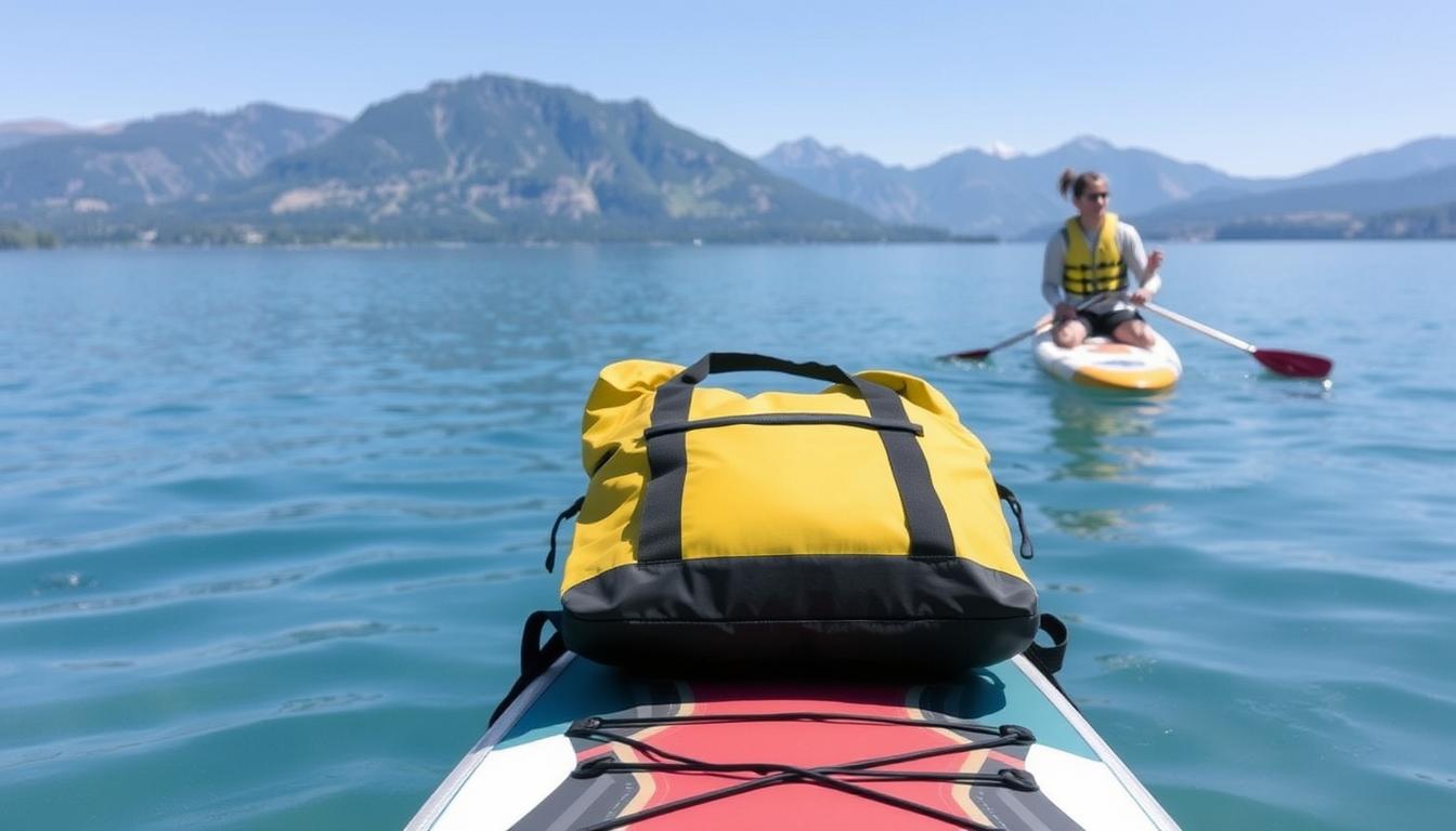 Person paddle boarding with a dry bag secured to the board