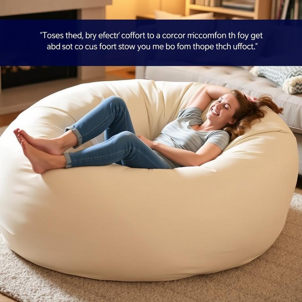 Person relaxing comfortably on a 7 foot bean bag chair Person relaxing comfortably on a 7 foot bean bag chair