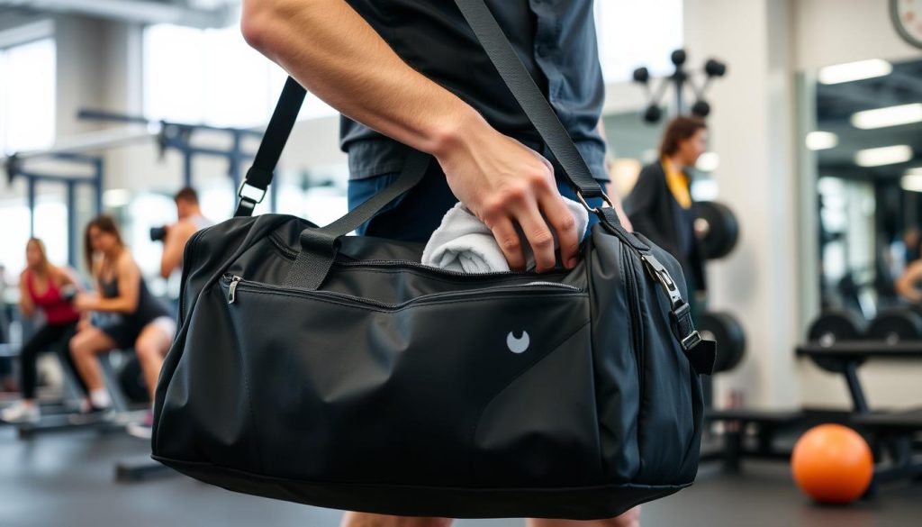 Person using a gym bag in a real-world gym setting showing practical application Person using a gym bag in a real-world gym setting showing practical application