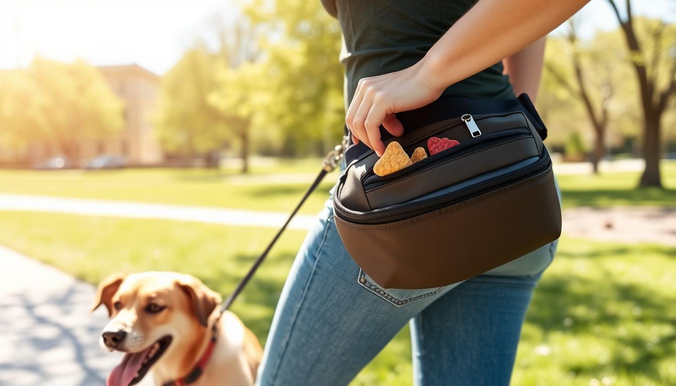 Person walking a dog while wearing a best fanny pack for dog walking with easy access to treats and waste bags
