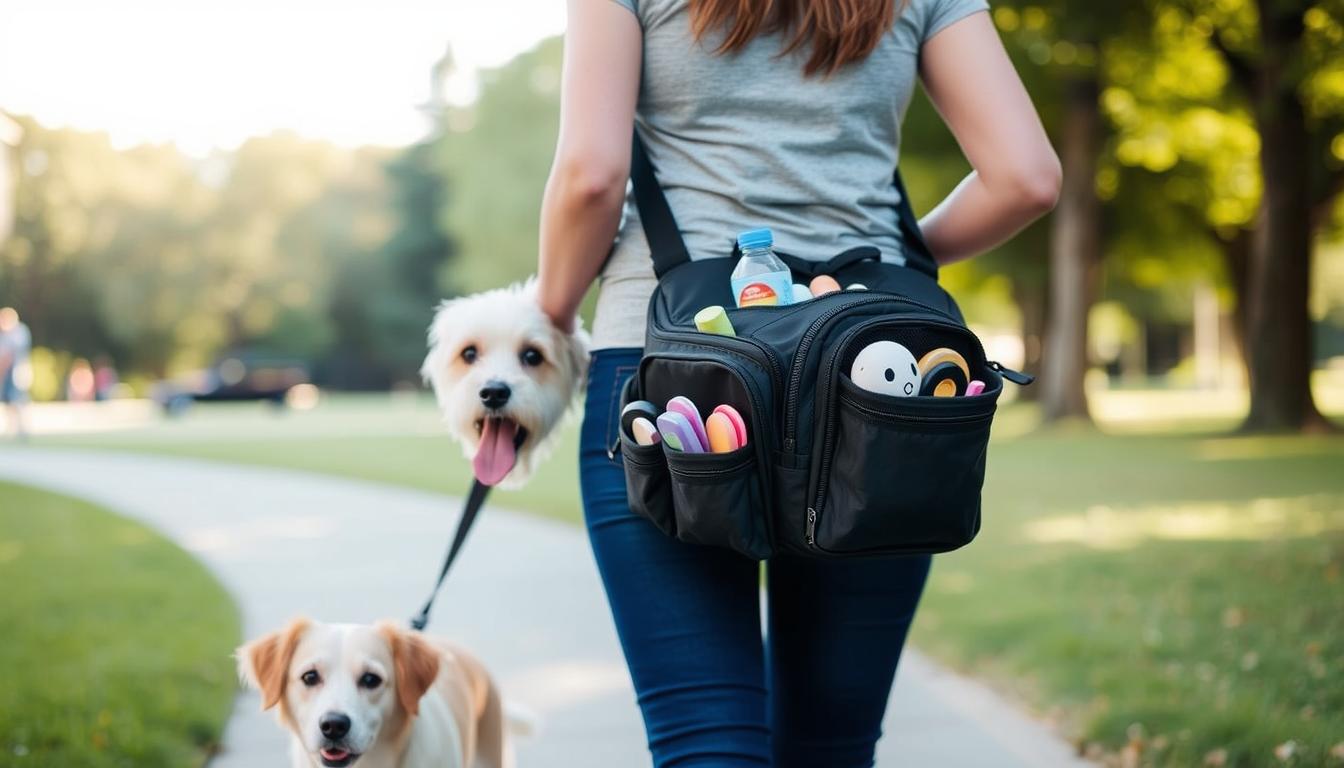 Person walking a dog with a specialized dog walking bag, showing hands-free convenience