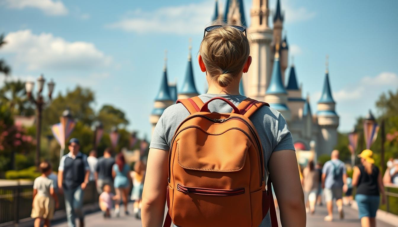 Person wearing a comfortable backpack while walking through Magic Kingdom at Disney World