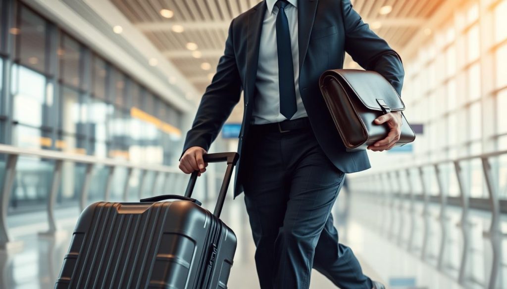 Professional man with premium luggage walking confidently through airport terminal Professional man with premium luggage walking confidently through airport terminal