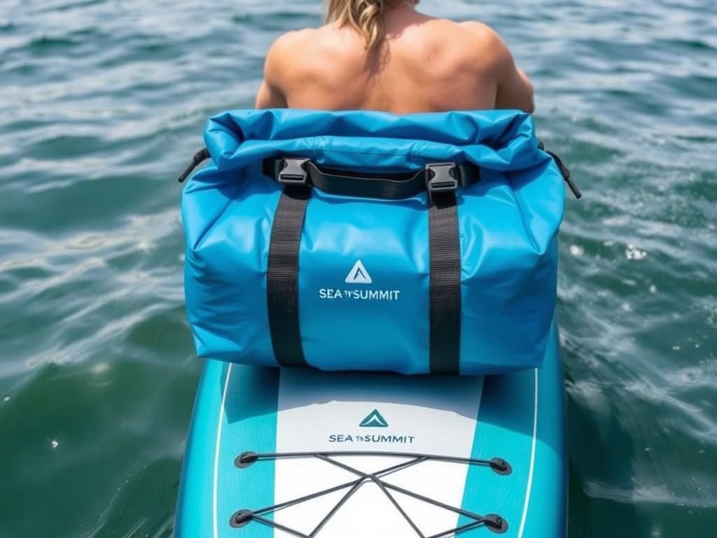 Sea to Summit Big River Dry Bag secured to a paddle board Sea to Summit Big River Dry Bag secured to a paddle board