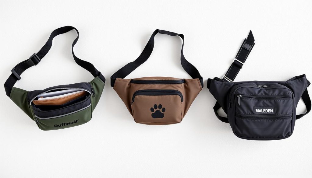 Side-by-side comparison of three best fanny packs for dog walking showing different features and designs Side-by-side comparison of three best fanny packs for dog walking showing different features and designs
