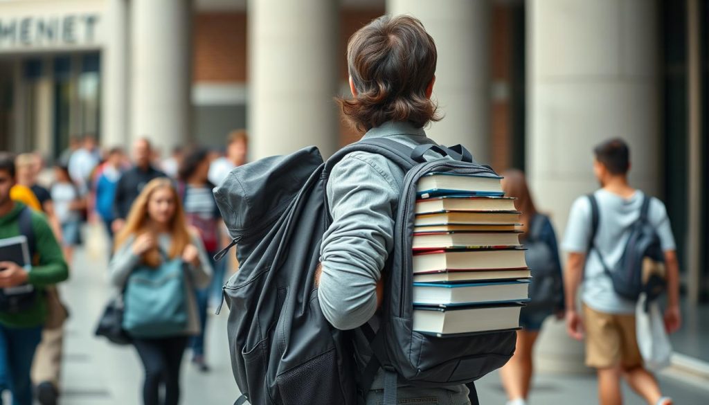 Student navigating a crowded campus with a fully loaded backpack Student navigating a crowded campus with a fully loaded backpack