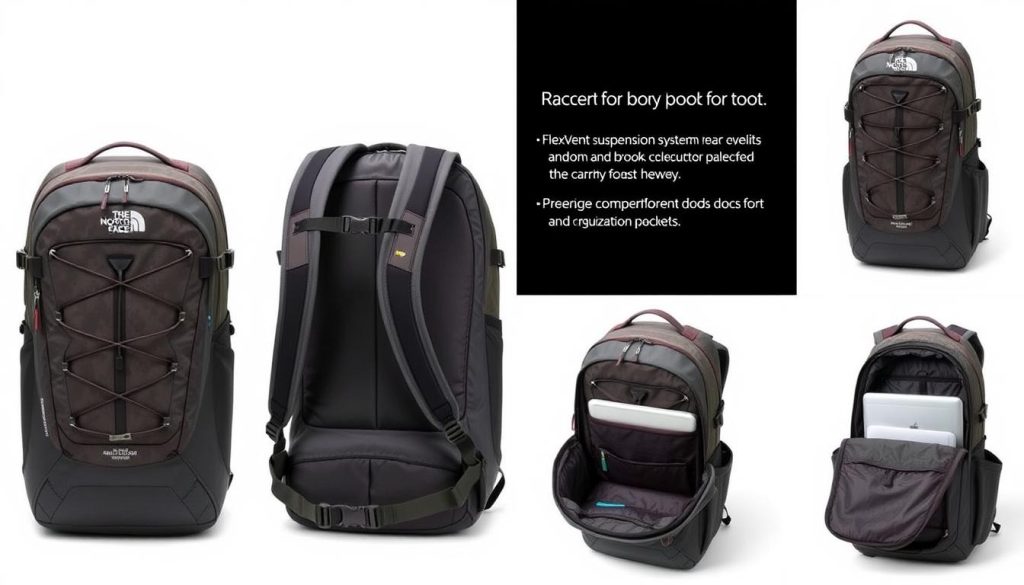 The North Face Borealis backpack shown from multiple angles highlighting key features The North Face Borealis backpack shown from multiple angles highlighting key features