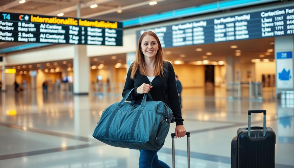 Traveler using a gym bag as carry-on at international airport Traveler using a gym bag as carry-on at international airport