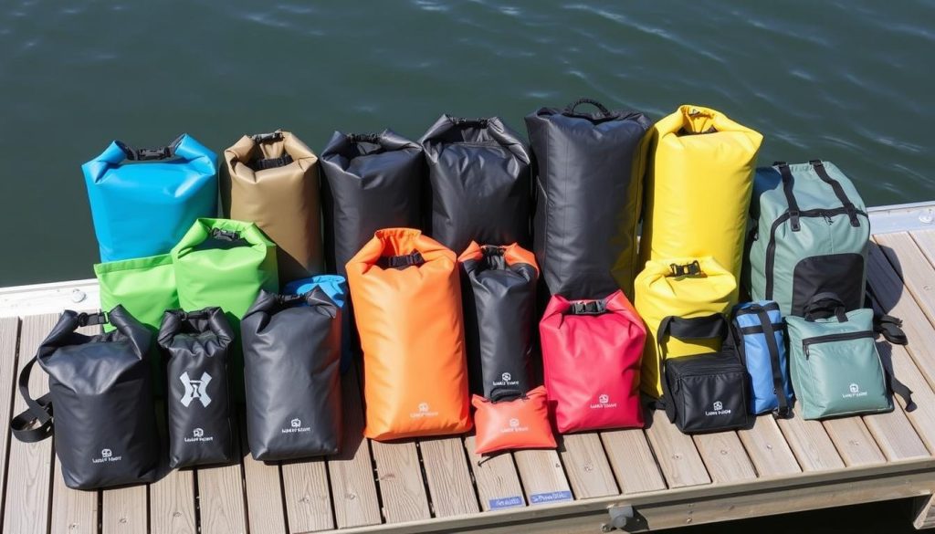 Various dry bags for paddle boarding displayed together