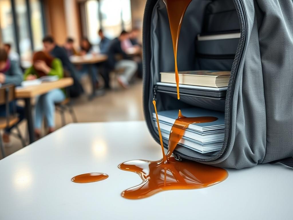 Waterproof backpack protecting contents during coffee spill in campus cafe Waterproof backpack protecting contents during coffee spill in campus cafe