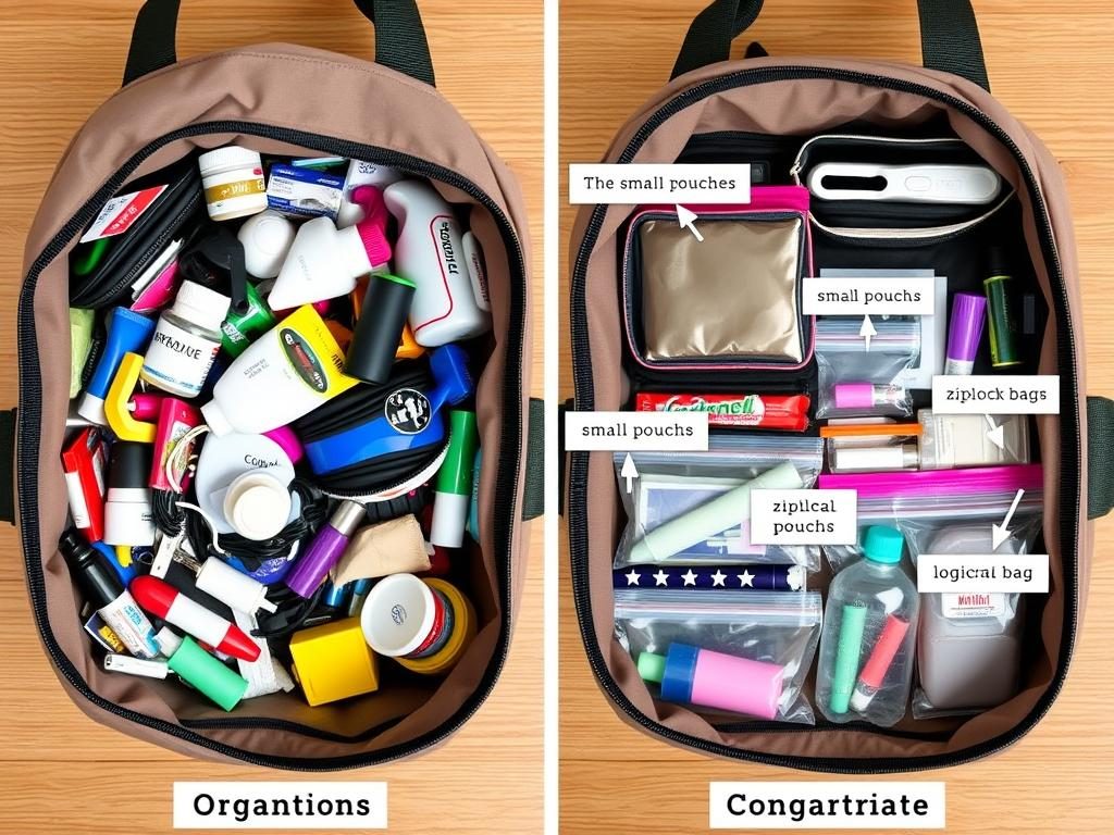 Before and after comparison of organized vs. disorganized theme park bag contents Before and after comparison of organized vs. disorganized theme park bag contents