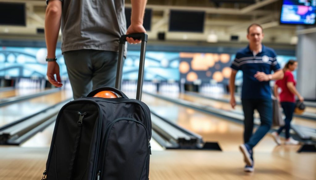 Bowler using a 3 ball bowling bag at a tournament showing practical usage Bowler using a 3 ball bowling bag at a tournament showing practical usage