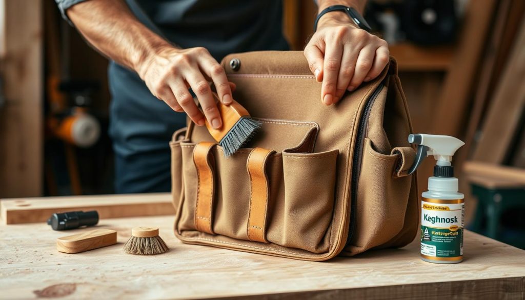 Carpenter cleaning and maintaining their tool bag to extend its lifespan Carpenter cleaning and maintaining their tool bag to extend its lifespan