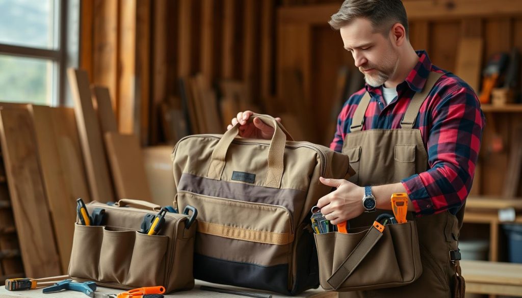 Carpenter evaluating different tool bags based on their specific job requirements and tool collection Carpenter evaluating different tool bags based on their specific job requirements and tool collection