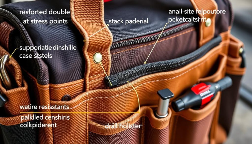 Close-up of key features in a high-quality carpenter tool bag showing reinforced stitching and specialized compartments Close-up of key features in a high-quality carpenter tool bag showing reinforced stitching and specialized compartments