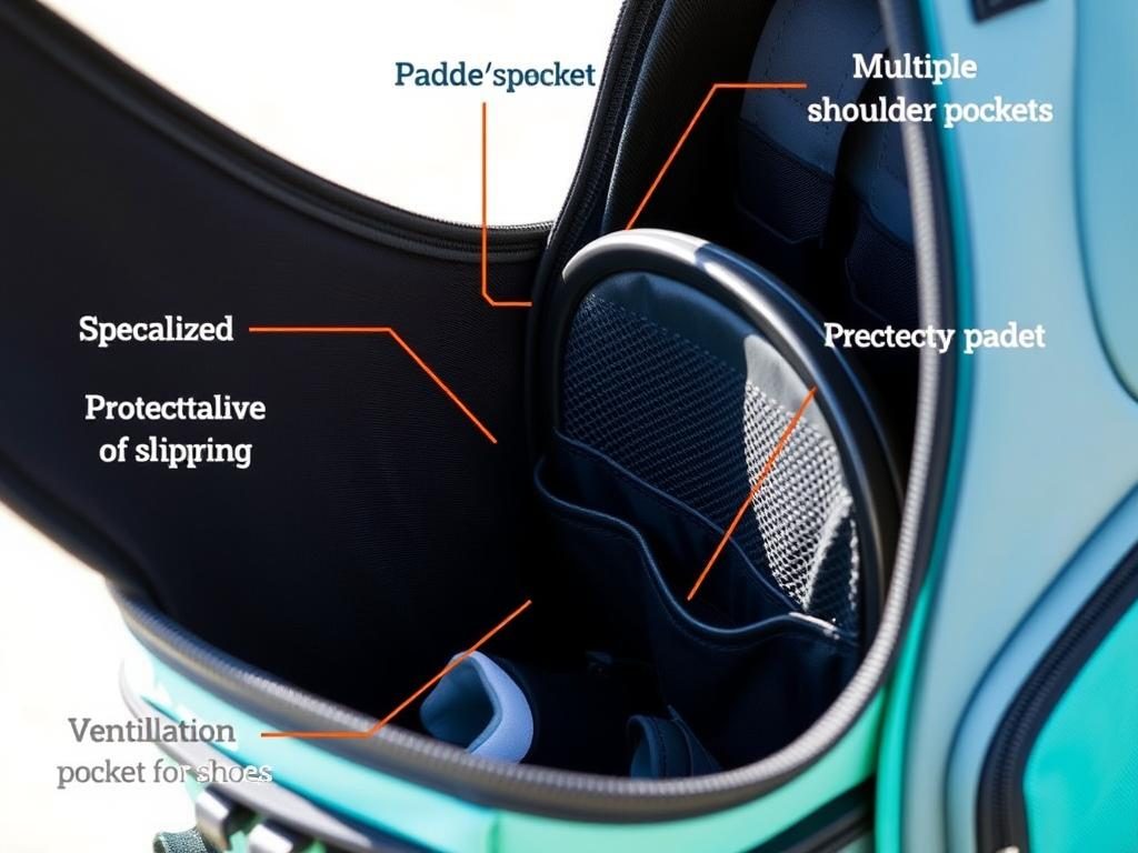 Close-up of key features in a women's pickleball bag including padded straps and compartments