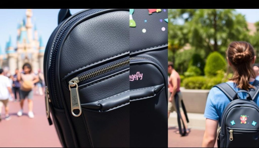 Close-up of the Loungefly Mini Backpack's themed design elements and practical features for theme park use Close-up of the Loungefly Mini Backpack's themed design elements and practical features for theme park use