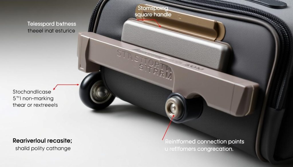 Close-up of the Storm Streamline's wheel system and handle mechanism Close-up of the Storm Streamline's wheel system and handle mechanism