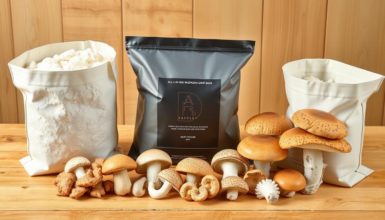 Collection of best all in one mushroom grow bags arranged with growing mushrooms
