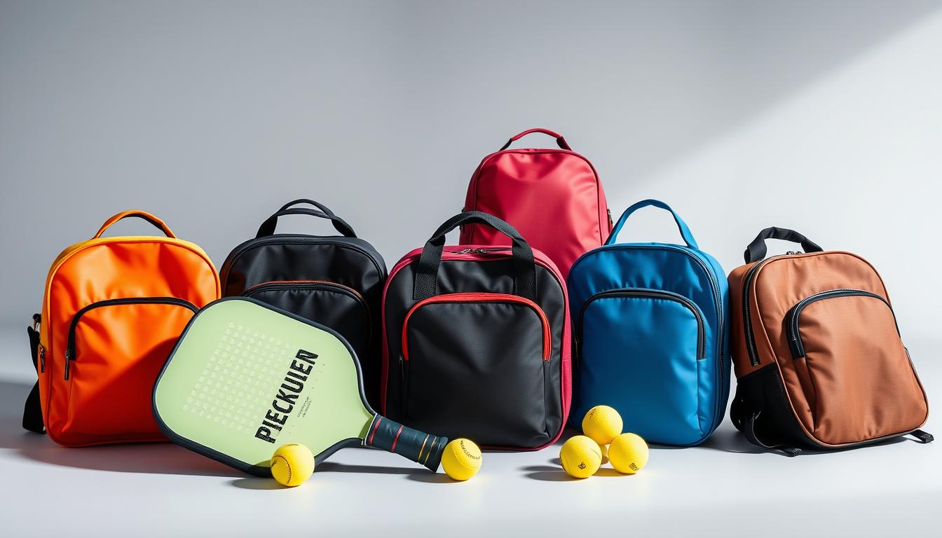 Collection of stylish pickleball bags designed for women with paddles and balls