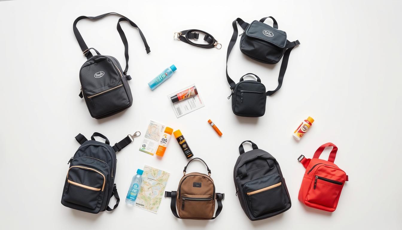 Collection of the best bags for theme parks displayed with essential items like water bottles and sunscreen