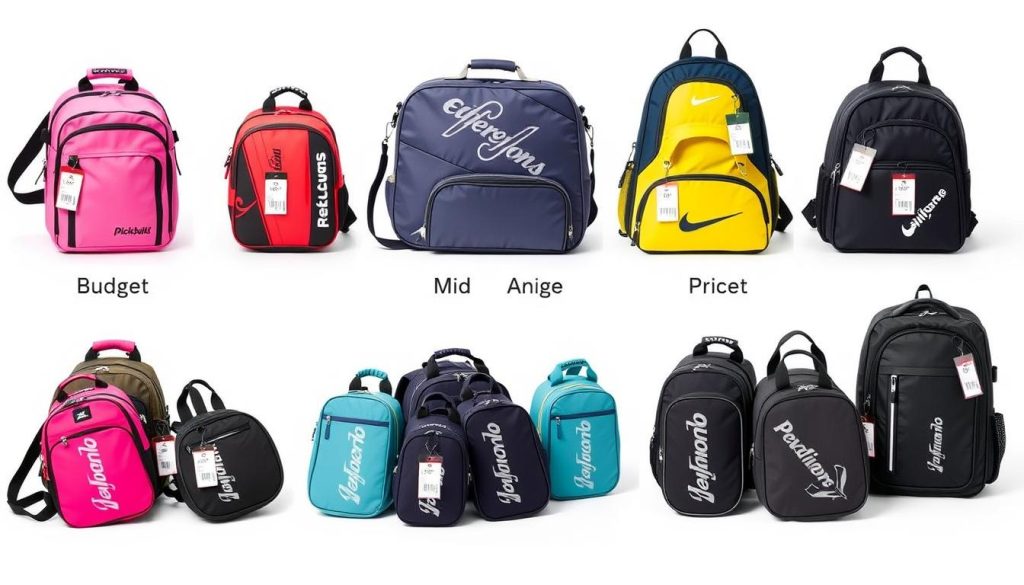 Collection of women's pickleball bags arranged by price category from budget to premium