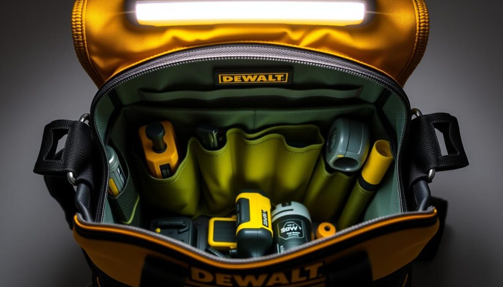 DEWALT DGL573 tool bag showing its built-in LED lighting system illuminating the interior compartments DEWALT DGL573 tool bag showing its built-in LED lighting system illuminating the interior compartments