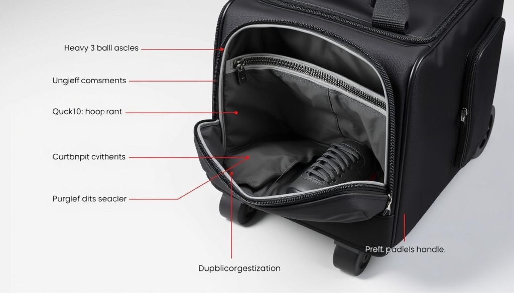 Detailed view of a 3 ball bowling bag's wheel system, compartments, and construction features Detailed view of a 3 ball bowling bag's wheel system, compartments, and construction features