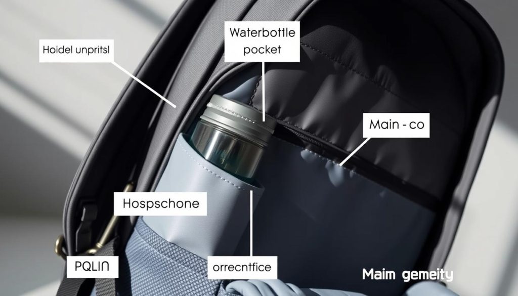 Detailed view of a theme park bag showing key features like water bottle pocket, security compartments, and comfortable straps Detailed view of a theme park bag showing key features like water bottle pocket, security compartments, and comfortable straps