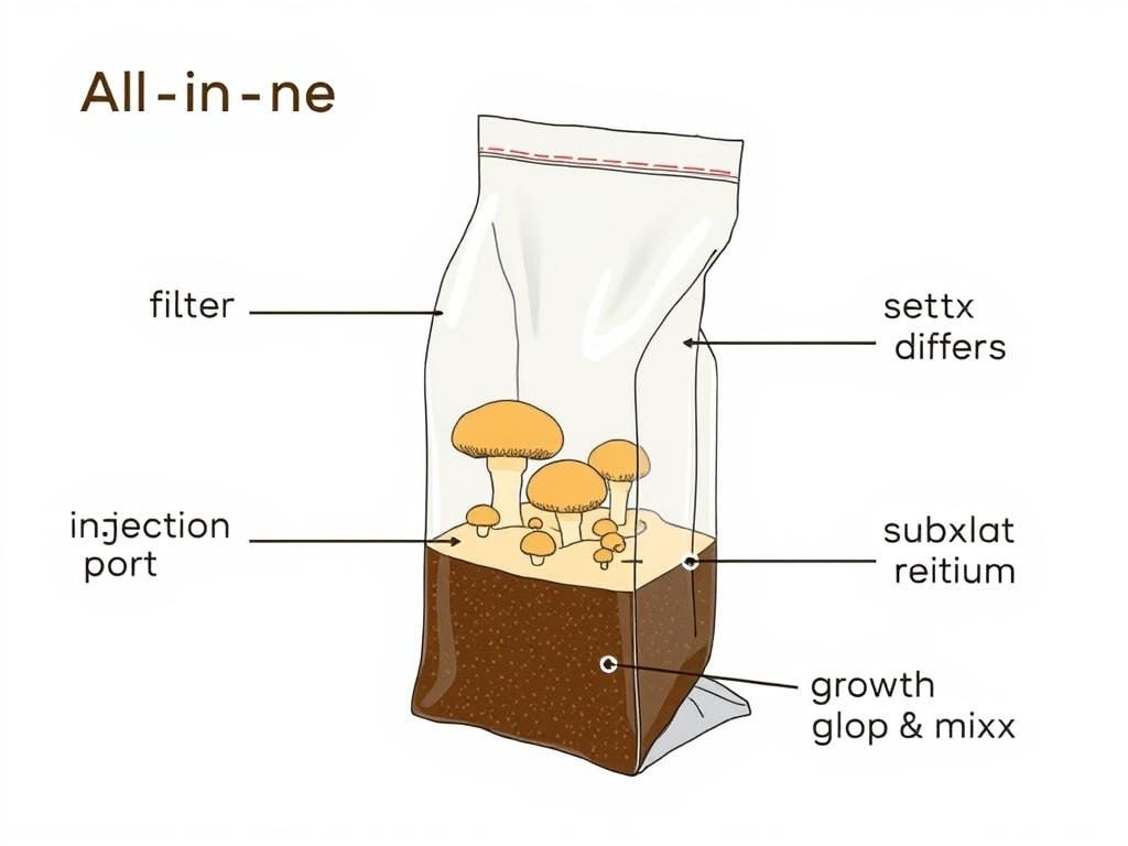 Diagram showing components of an all in one mushroom grow bag with labels Diagram showing components of an all in one mushroom grow bag with labels