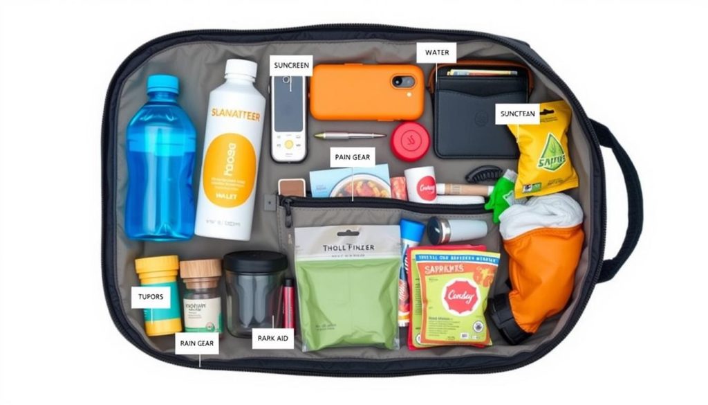 Diagram showing ideal organization of essentials in a theme park bag Diagram showing ideal organization of essentials in a theme park bag