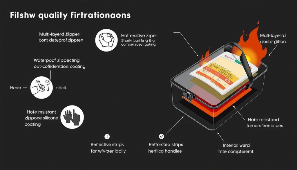Diagram showing key features of fireproof bags for documents with labels