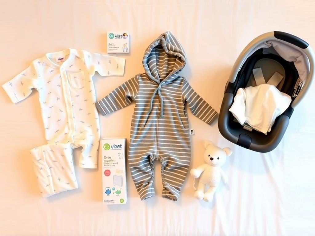 Essential baby items for hospital stay including going home outfit and car seat