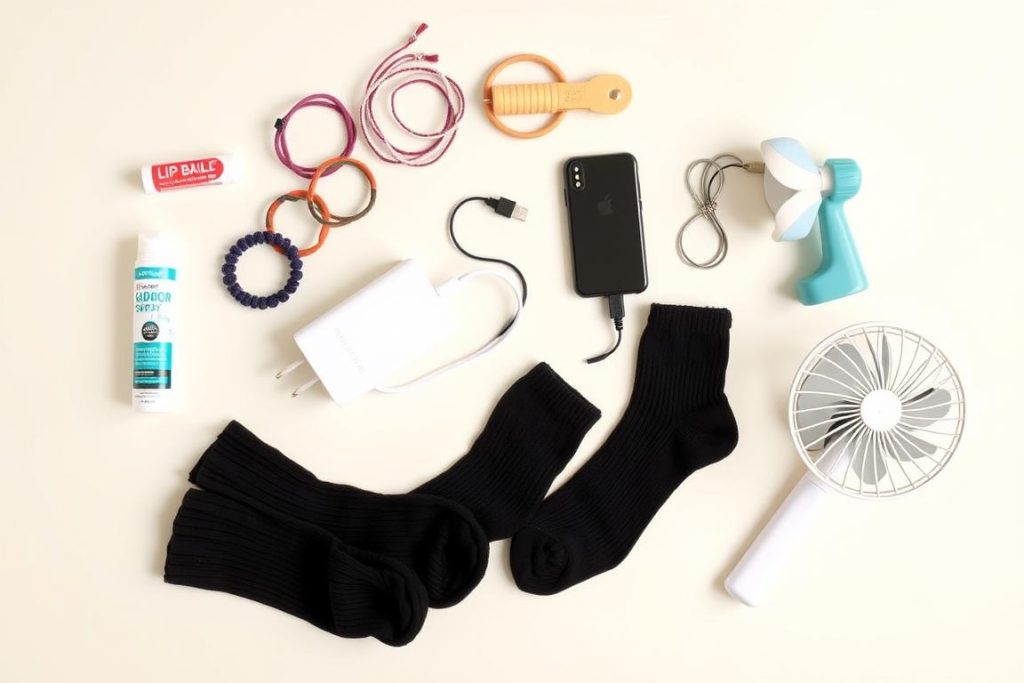 Essential items for labor bag including lip balm, hair ties, and massage tools