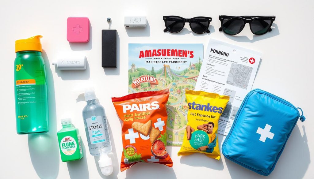 Essential items laid out for packing in an amusement park bag