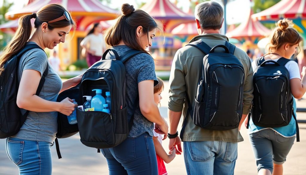 Family using the North Face Borealis Backpack at a theme park showing practical usage Family using the North Face Borealis Backpack at a theme park showing practical usage