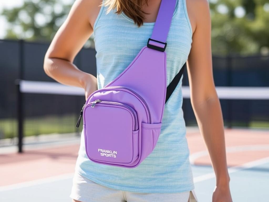 Franklin Sports Pickleball Sling Bag in lavender color worn by female player