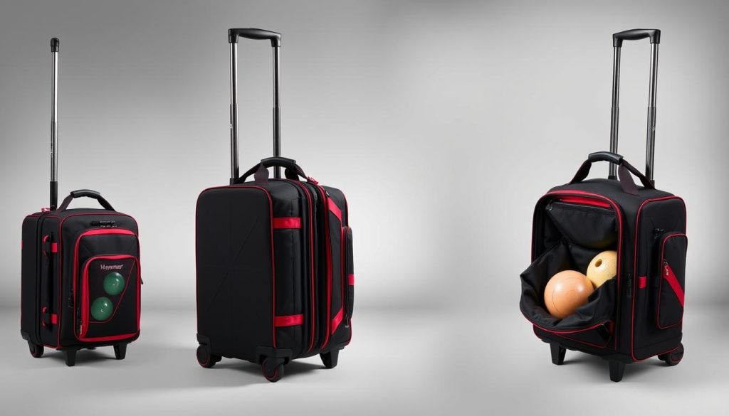 Hammer Premium Deluxe Triple Roller 3 ball bowling bag shown from multiple angles Hammer Premium Deluxe Triple Roller 3 ball bowling bag shown from multiple angles