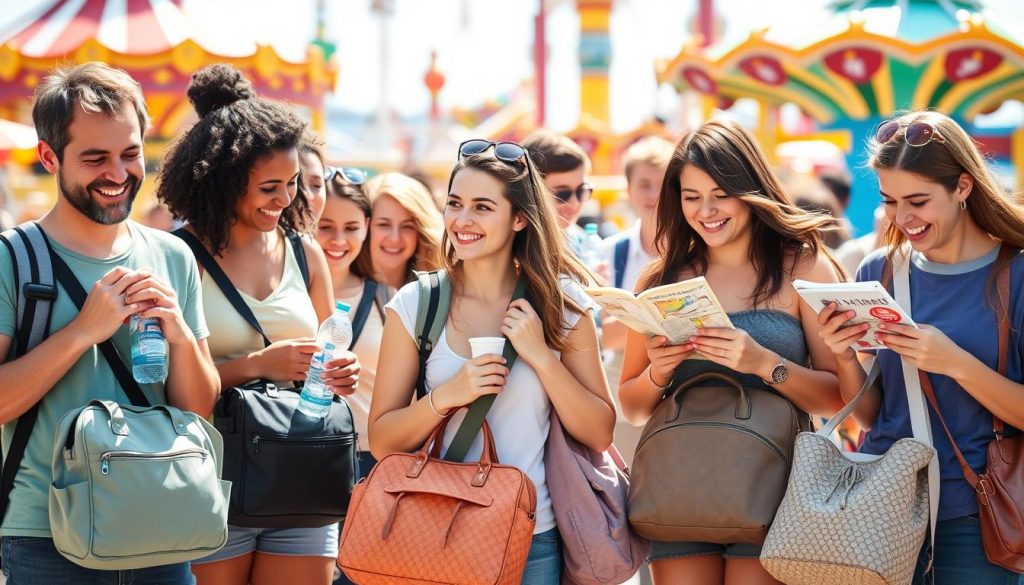 Happy visitors enjoying a theme park with their well-chosen bags, demonstrating the positive impact on their experience Happy visitors enjoying a theme park with their well-chosen bags, demonstrating the positive impact on their experience