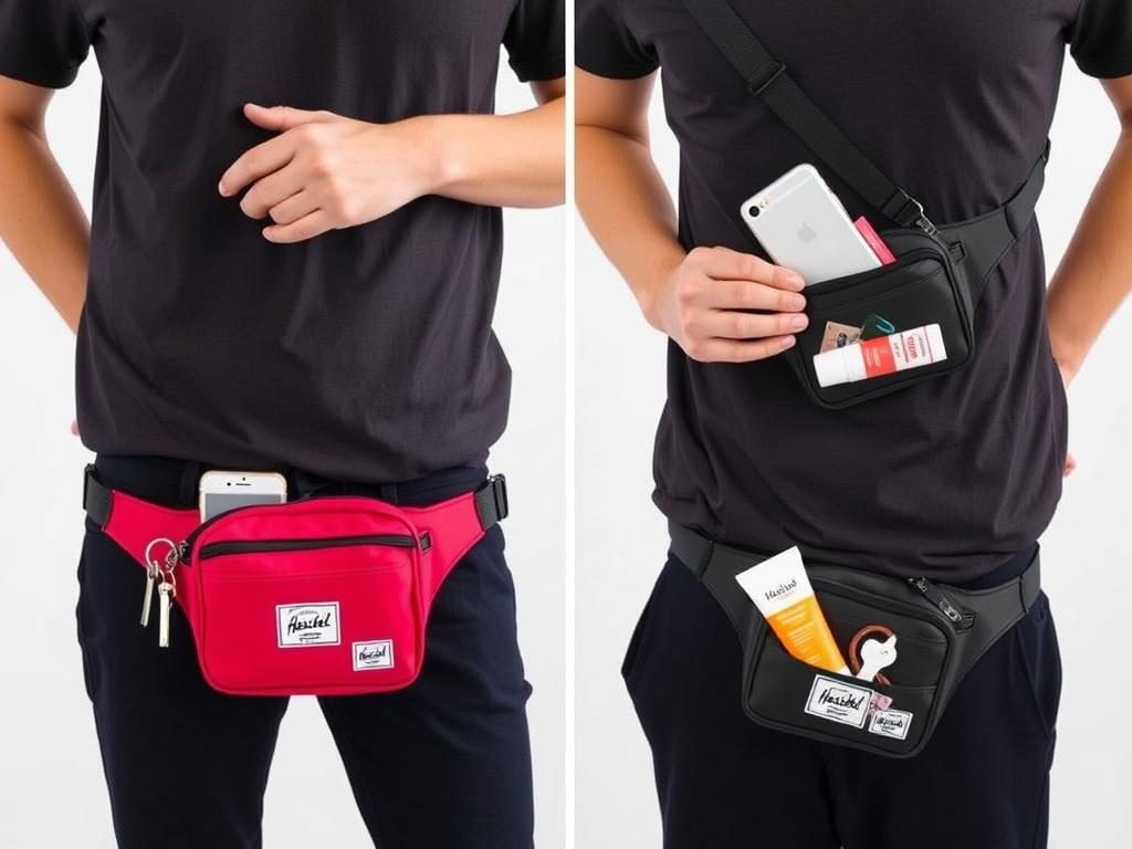 Herschel Fifteen Hip Pack shown being worn and with contents displayed for theme park use Herschel Fifteen Hip Pack shown being worn and with contents displayed for theme park use