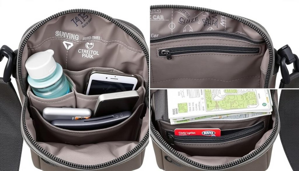 Interior view of the Travelon Anti-Theft Crossbody Bag showing compartments and security features Interior view of the Travelon Anti-Theft Crossbody Bag showing compartments and security features
