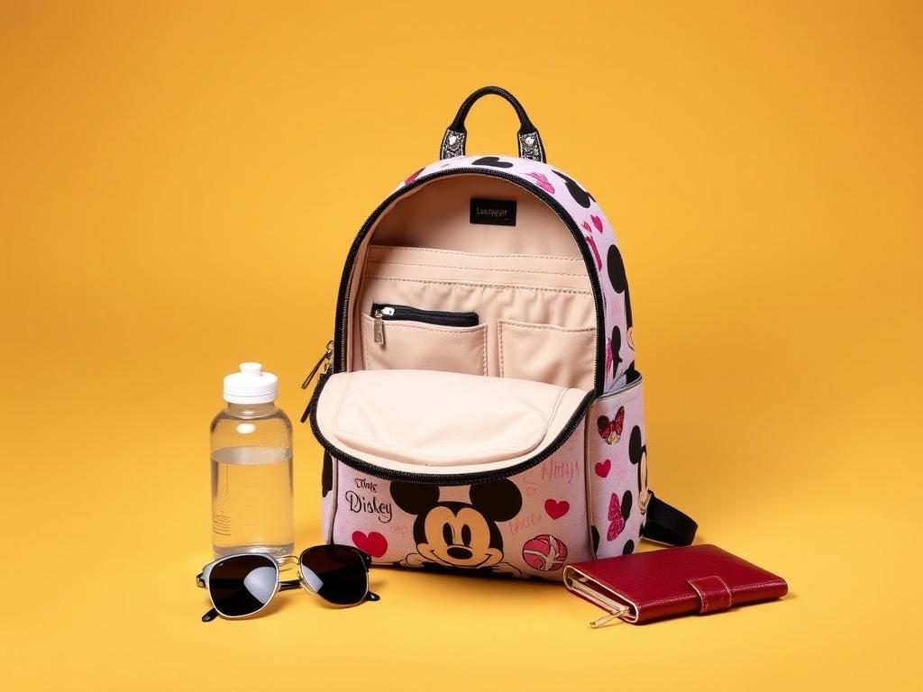 Loungefly Mini Backpack with Disney theme shown with compartments open to display storage capacity Loungefly Mini Backpack with Disney theme shown with compartments open to display storage capacity