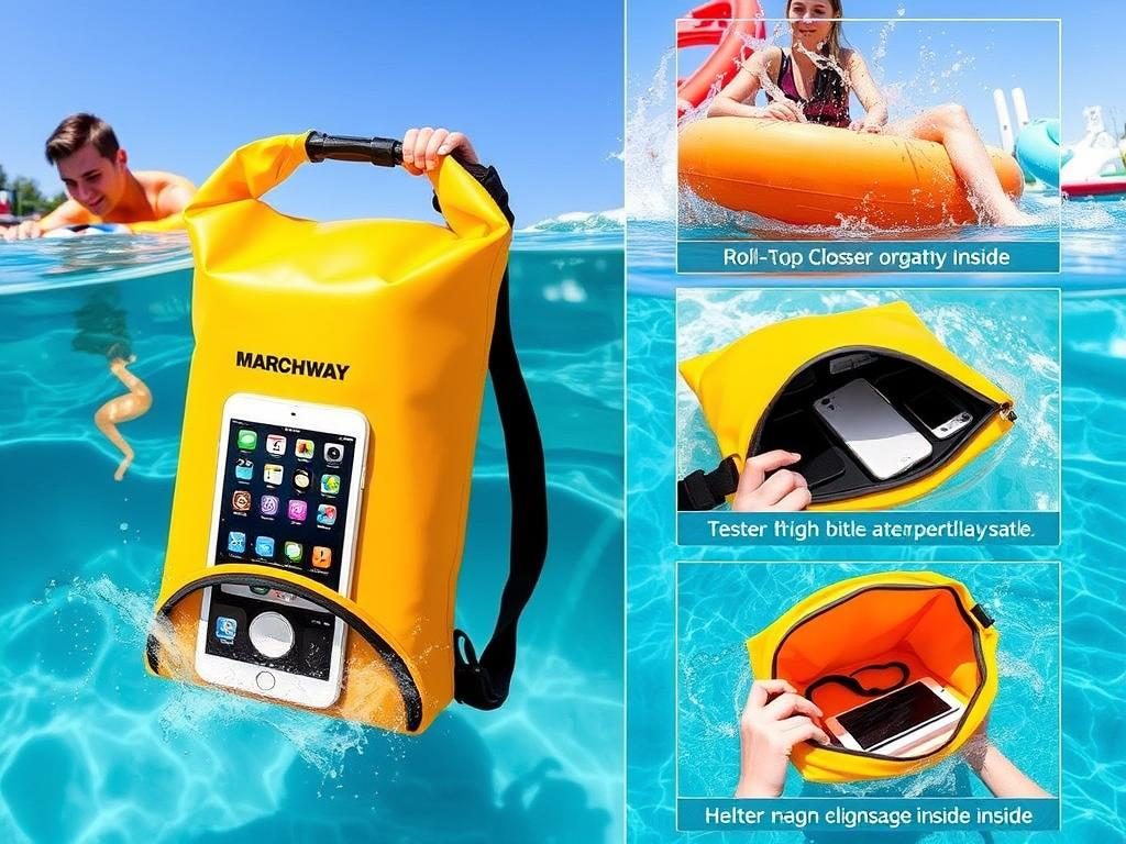 MARCHWAY Floating Waterproof Dry Bag shown protecting electronics and valuables during water rides MARCHWAY Floating Waterproof Dry Bag shown protecting electronics and valuables during water rides