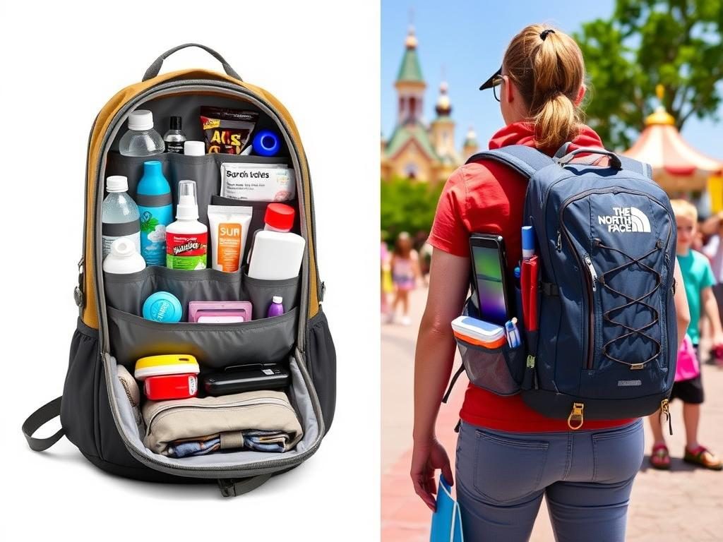 North Face Borealis Backpack shown with family essentials packed and organized for a theme park day North Face Borealis Backpack shown with family essentials packed and organized for a theme park day