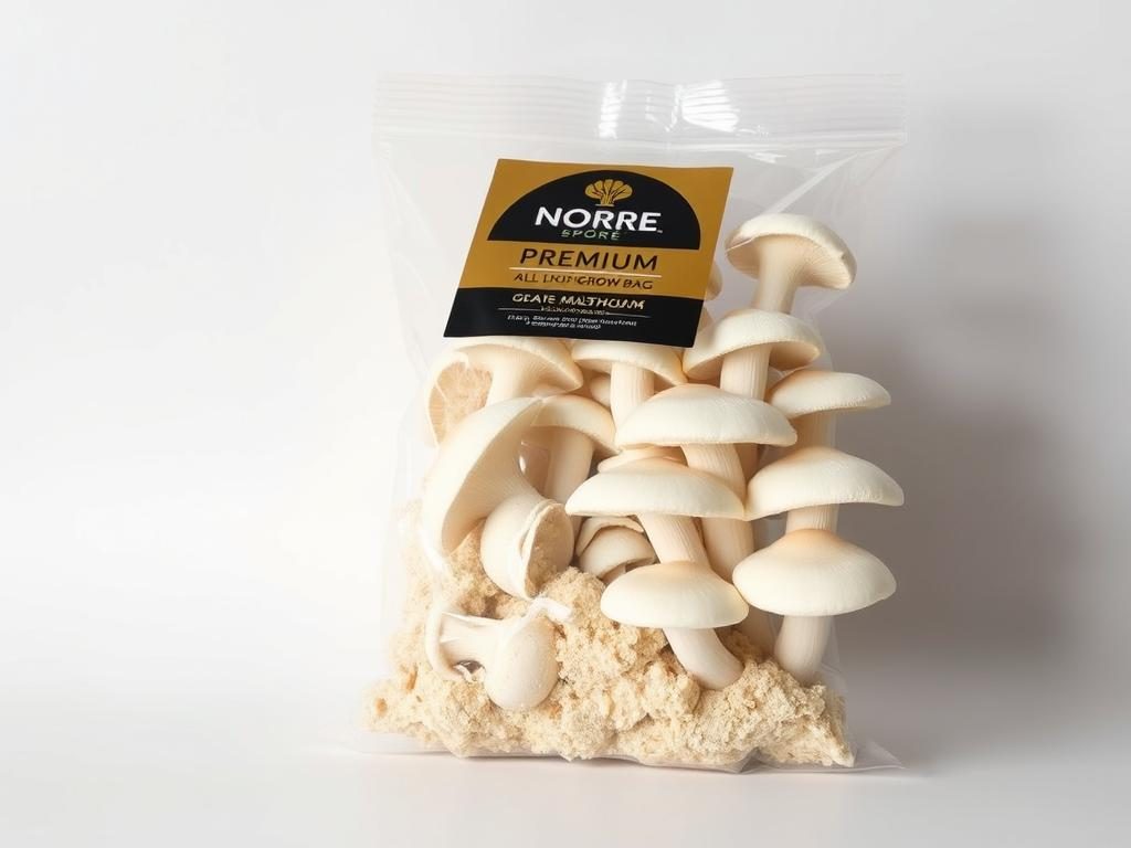 North Spore Premium all in one mushroom grow bag with fruiting oyster mushrooms North Spore Premium all in one mushroom grow bag with fruiting oyster mushrooms