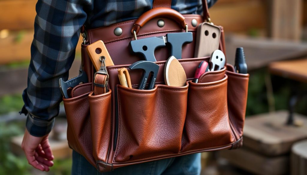 Occidental Leather 5588 premium leather carpenter tool bag showing its high-quality construction and organization Occidental Leather 5588 premium leather carpenter tool bag showing its high-quality construction and organization