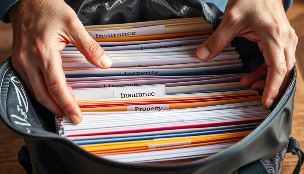 Organized documents being placed in a fireproof bag with labels