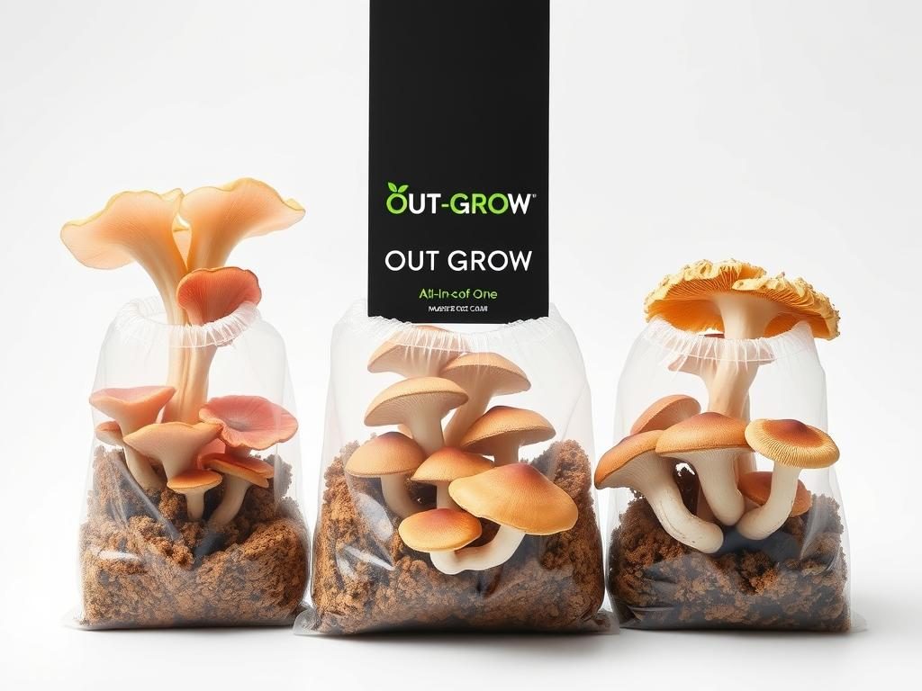 Out-Grow all in one mushroom grow bag with multiple mushroom species growing Out-Grow all in one mushroom grow bag with multiple mushroom species growing