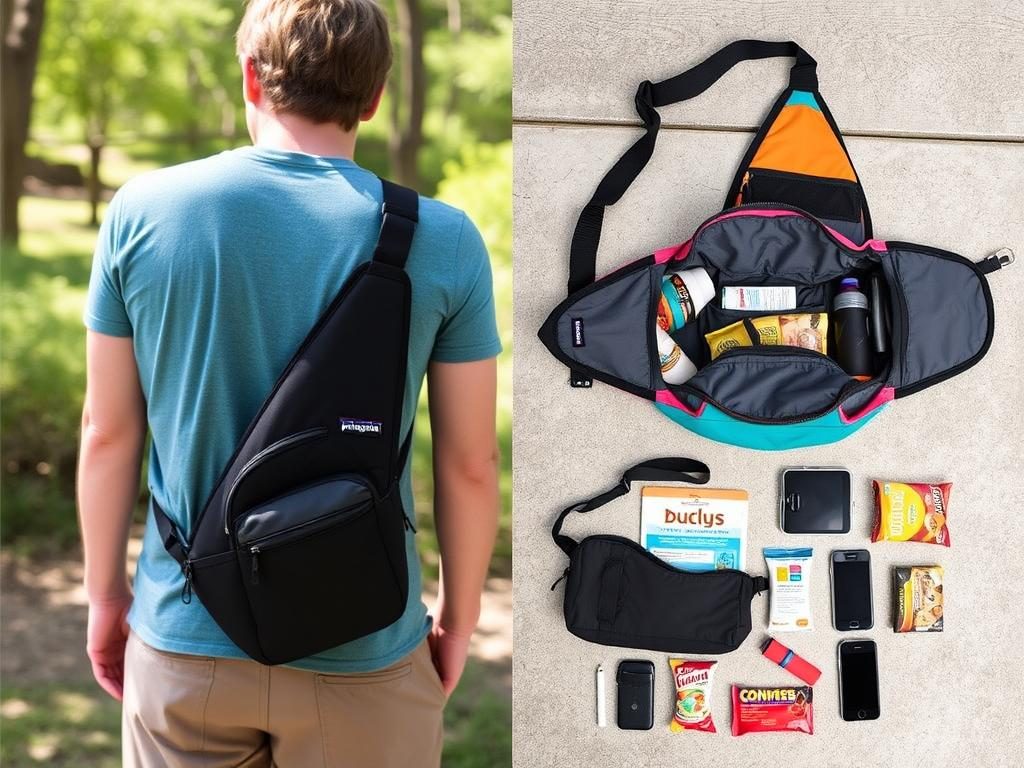 Patagonia Atom Sling 8L shown being worn and with compartments open displaying theme park essentials Patagonia Atom Sling 8L shown being worn and with compartments open displaying theme park essentials
